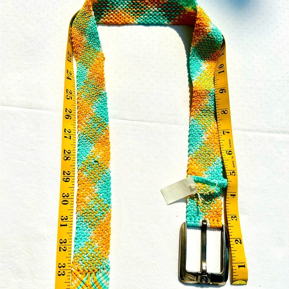 Macrame Belt Aqua Orange Silver Tone Buckle Handcrafted